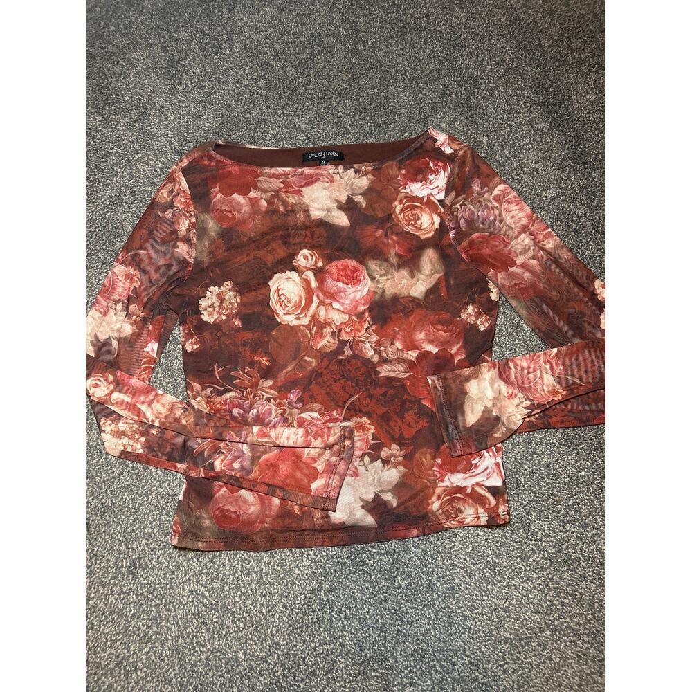 Dylan Ryan NYC Floral Mesh Long Sheer Sleeve Burgundy Brown Whimsigoth Sz xl